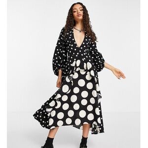 Topshop Mixed Spot Long Sleeve Ruffle Dress in Black and White polka dot Size 10